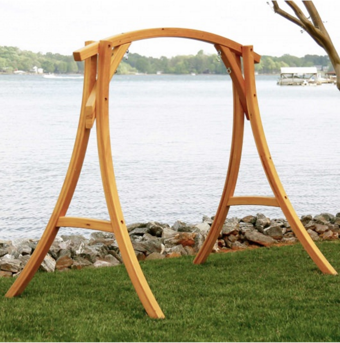 Hatteras Cypress Curved Arc Swing Stand, Wooden Patio Swing With Stand